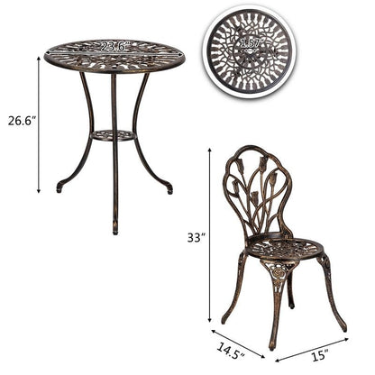 Ensemble de bistrot de patio 3 pièces en aluminium moulé, mobilier d'extérieur, design tulipe, finition cuivre antique, résistant à la rouille