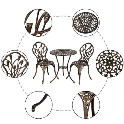 Ensemble de bistrot de patio 3 pièces en aluminium moulé, mobilier d'extérieur, design tulipe, finition cuivre antique, résistant à la rouille