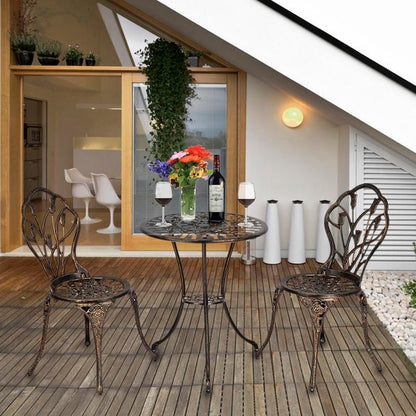 Ensemble de bistrot de patio 3 pièces en aluminium moulé, mobilier d'extérieur, design tulipe, finition cuivre antique, résistant à la rouille