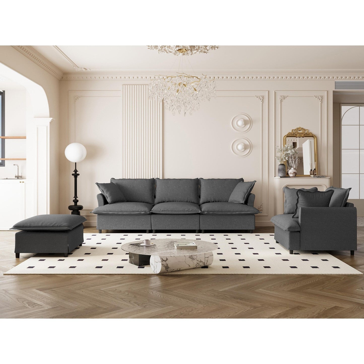 Ensemble de canapés de salon 3 pièces, canapé modulaire en L en chenille, canapé 3 places rembourré, fauteuil et pouf amovible