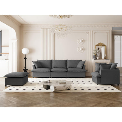 Ensemble de canapés de salon 3 pièces, canapé modulaire en L en chenille, canapé 3 places rembourré, fauteuil et pouf amovible