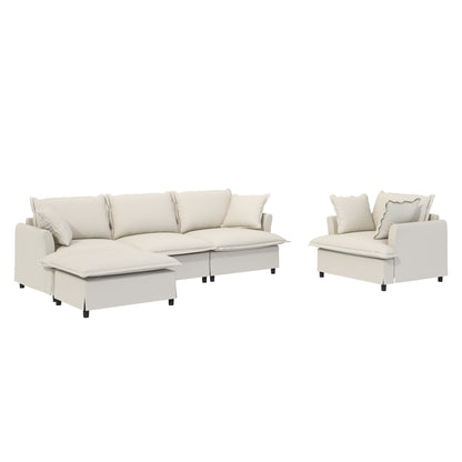 Ensemble de canapés de salon 3 pièces, canapé modulaire en L en chenille, canapé 3 places rembourré, fauteuil et pouf amovible