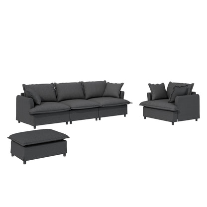 Ensemble de canapés de salon 3 pièces, canapé modulaire en L en chenille, canapé 3 places rembourré, fauteuil et pouf amovible