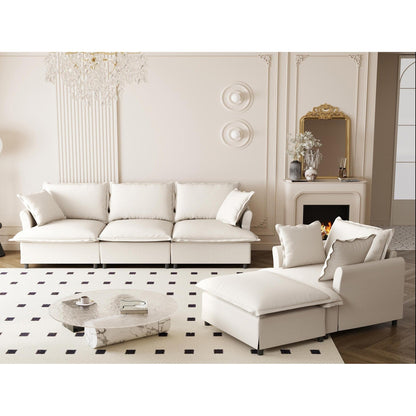 Ensemble de canapés de salon 3 pièces, canapé modulaire en L en chenille, canapé 3 places rembourré, fauteuil et pouf amovible