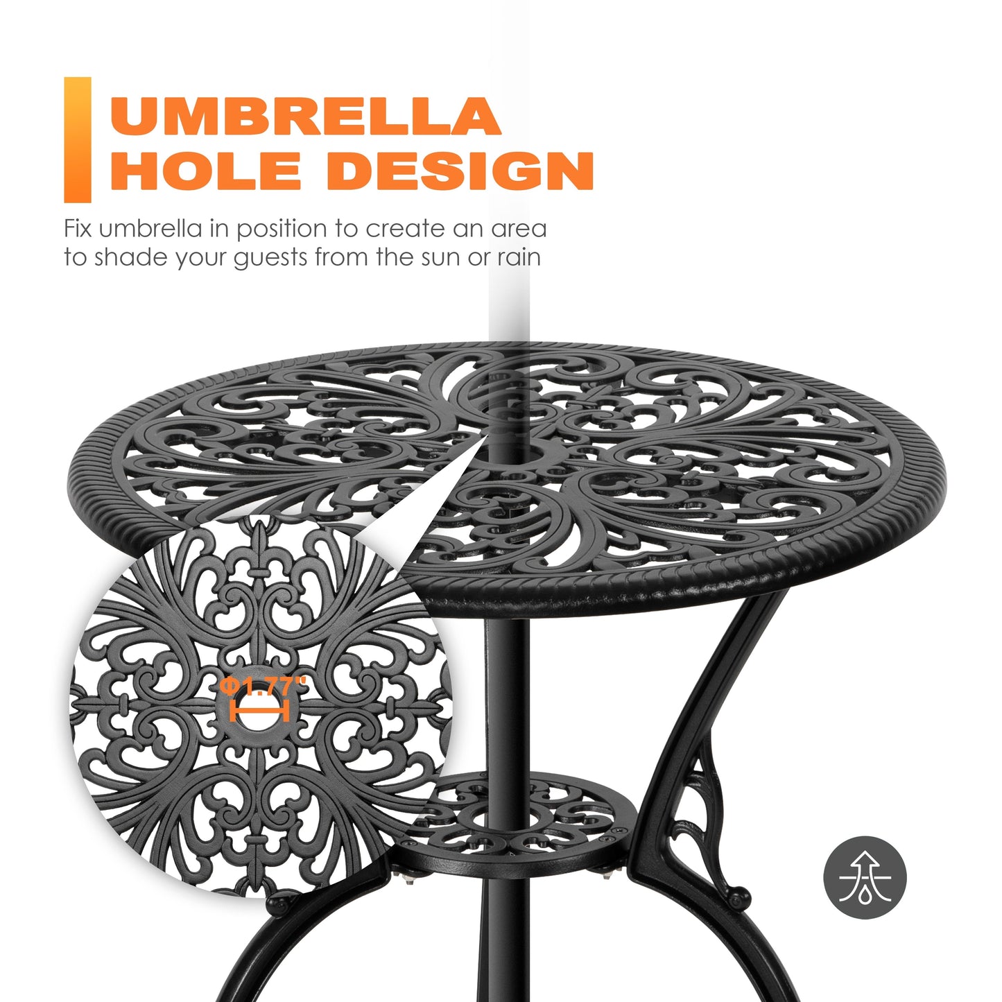 Ensemble de bistrot d'extérieur 3 pièces, ensemble de patio en fonte d'aluminium avec trou pour parasol
