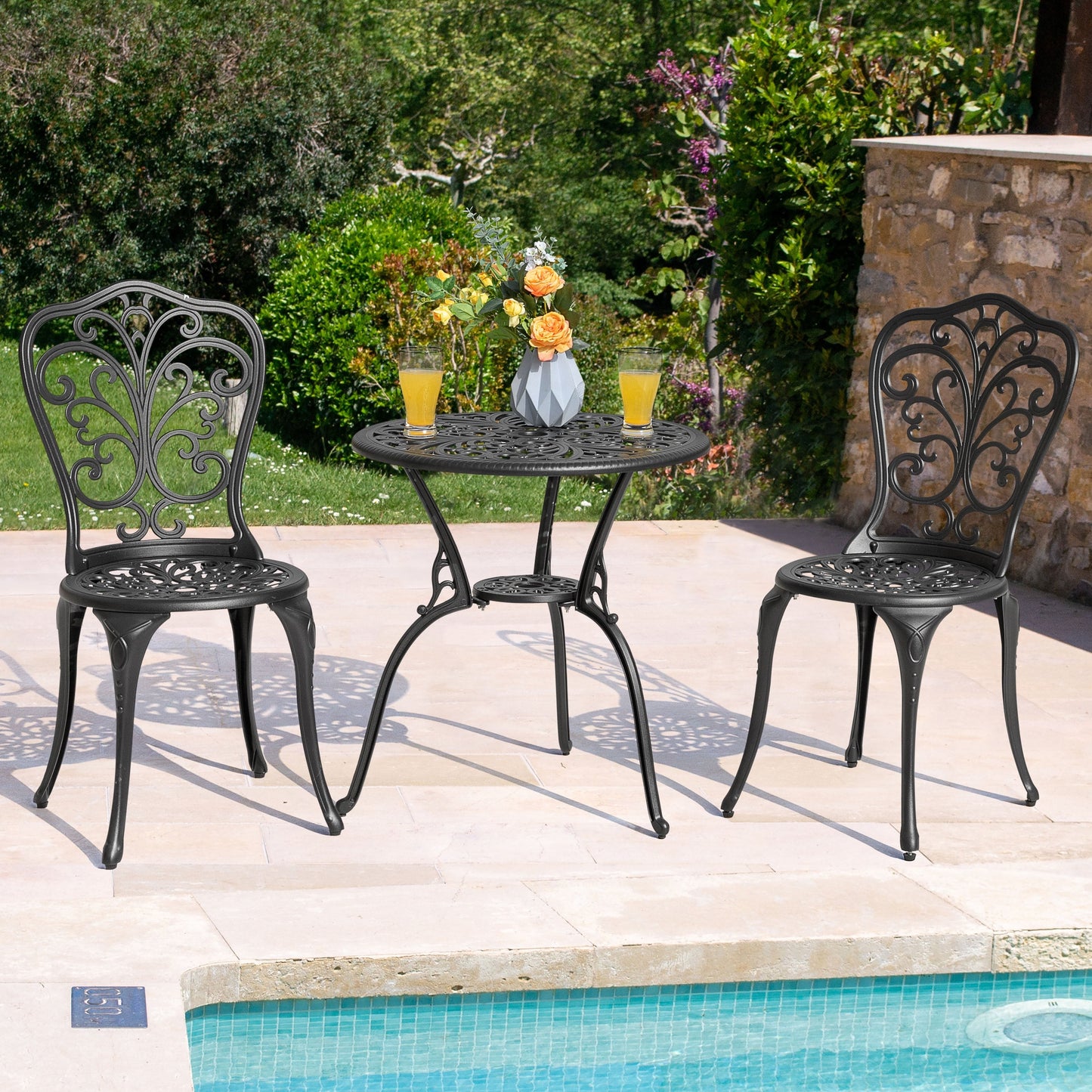 Ensemble de bistrot d'extérieur 3 pièces, ensemble de patio en fonte d'aluminium avec trou pour parasol