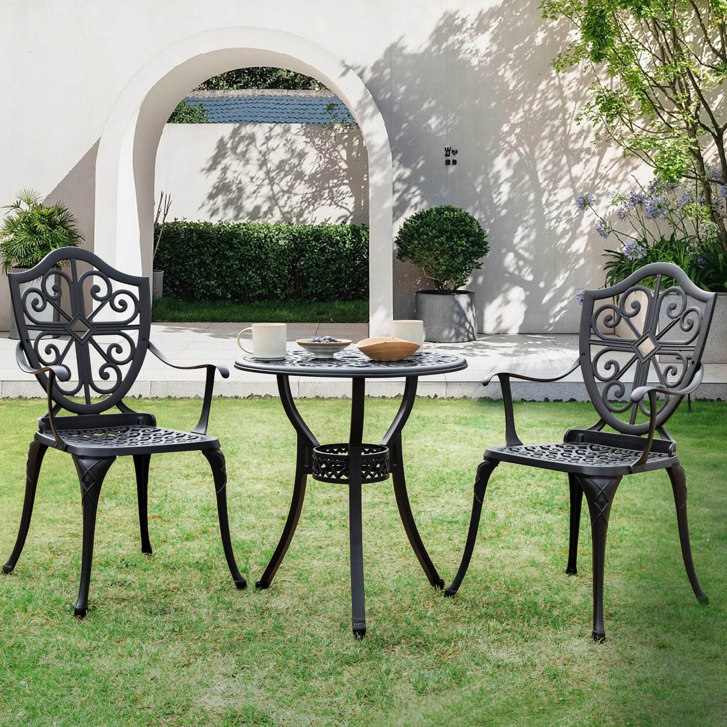 Ensemble de bistrot d'extérieur 3 pièces, ensemble de patio en fonte d'aluminium avec trou pour parasol