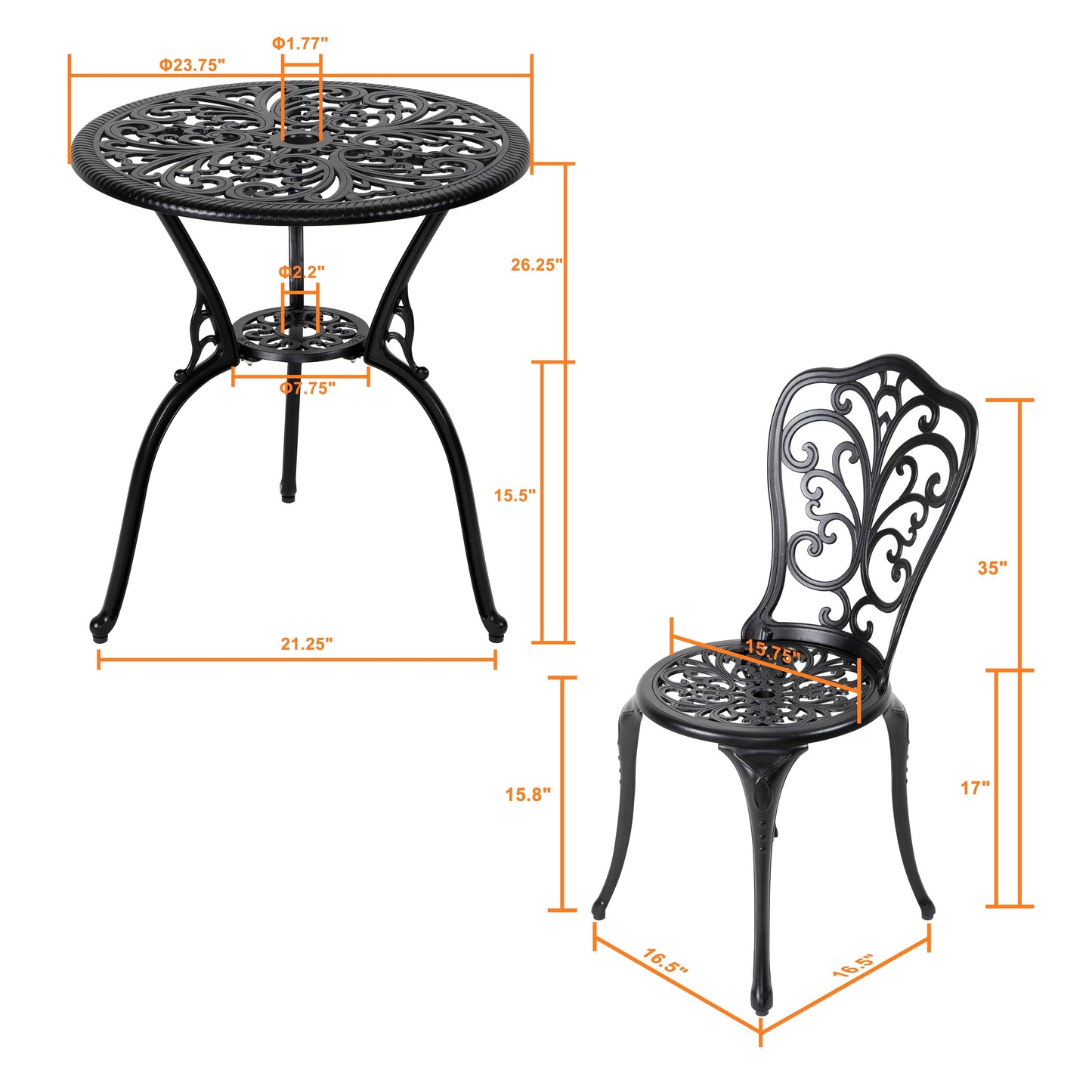 Ensemble de bistrot d'extérieur 3 pièces, ensemble de patio en fonte d'aluminium avec trou pour parasol