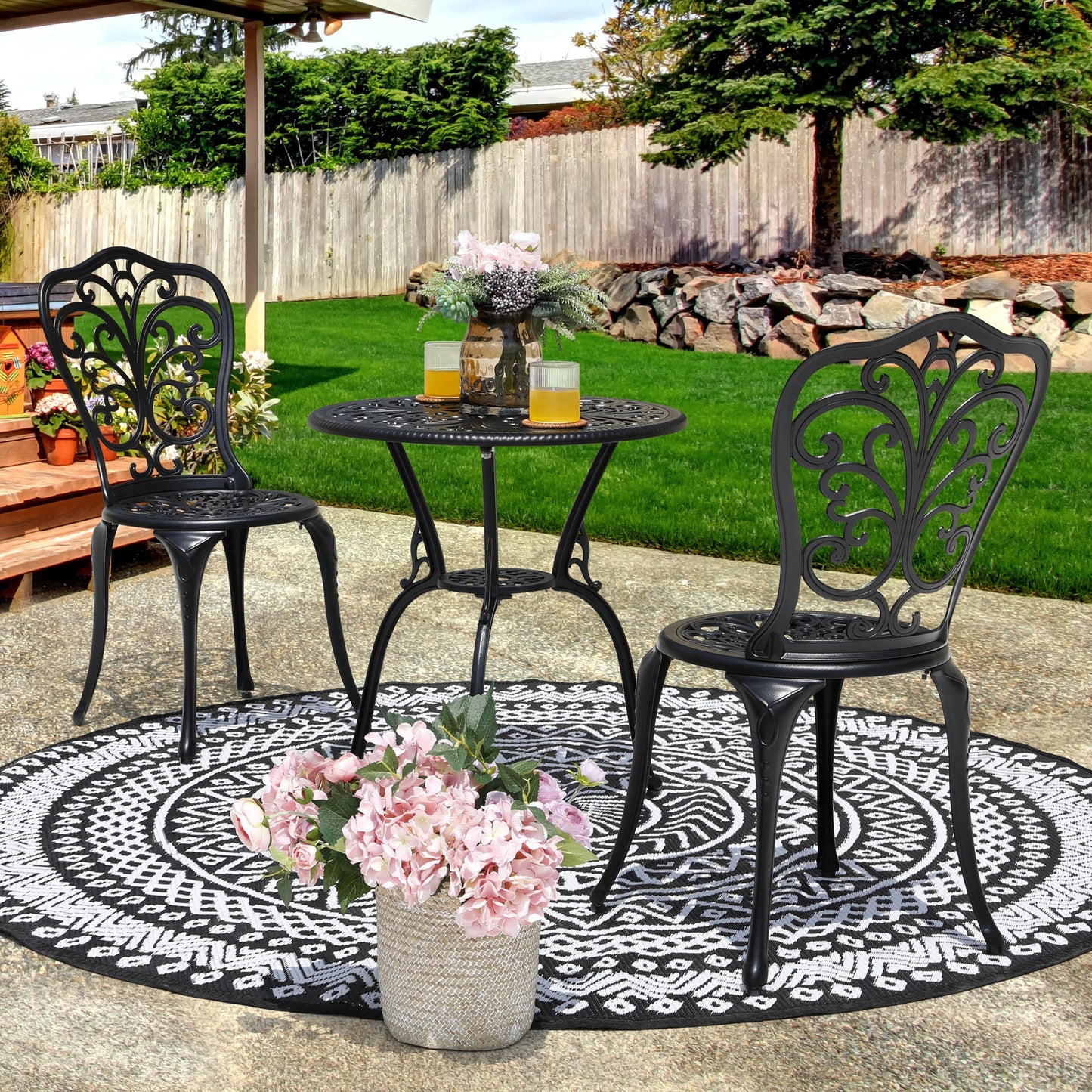 Ensemble de bistrot d'extérieur 3 pièces, ensemble de patio en fonte d'aluminium avec trou pour parasol