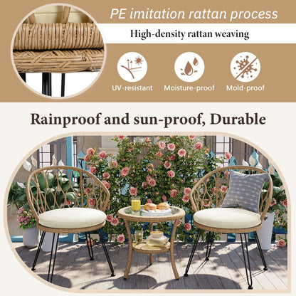 Ensemble de 3 chaises de jardin en rotin pour loisirs et conversation, avec 2 chaises et une table basse en verre