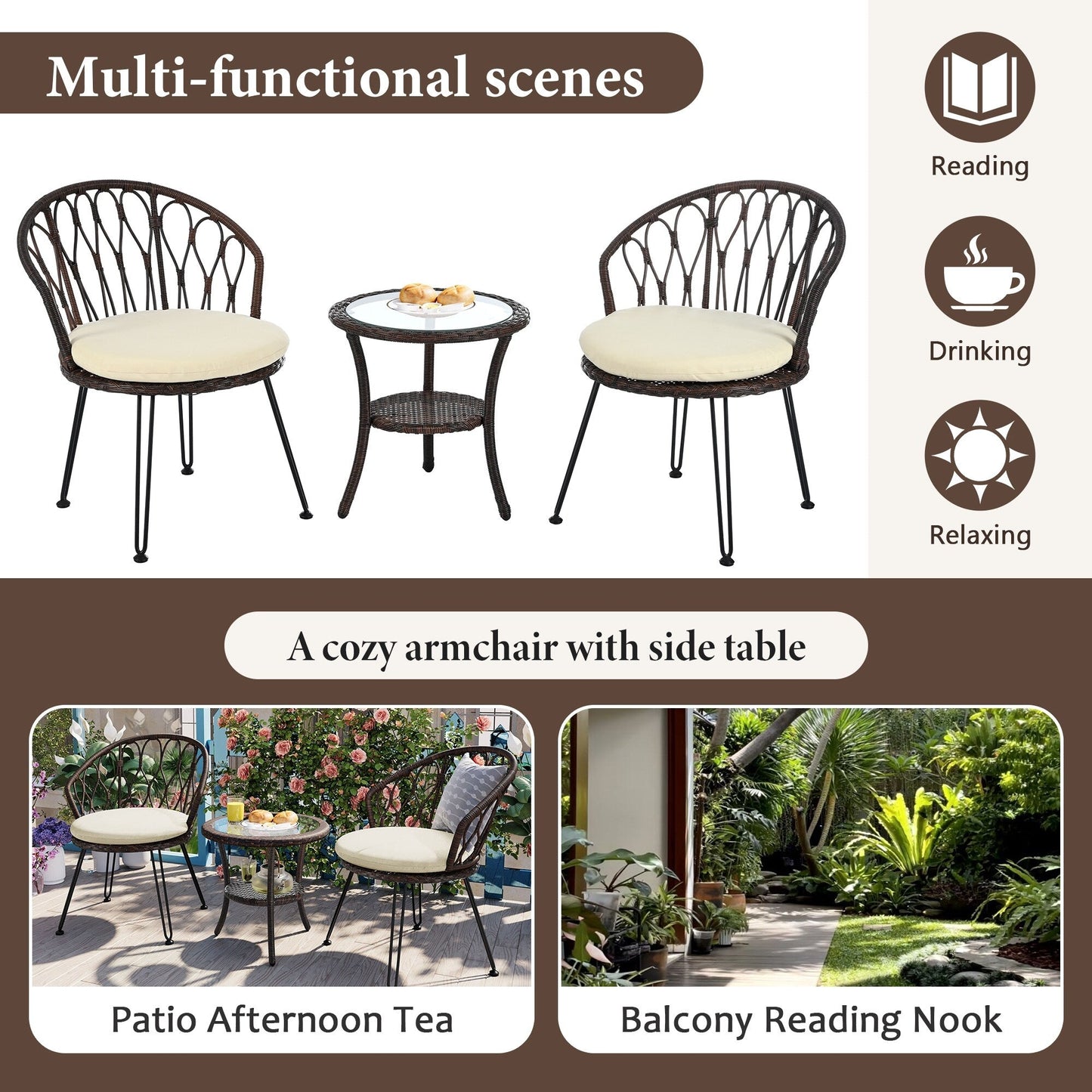 Ensemble de 3 chaises de jardin en rotin pour loisirs et conversation, avec 2 chaises et une table basse en verre