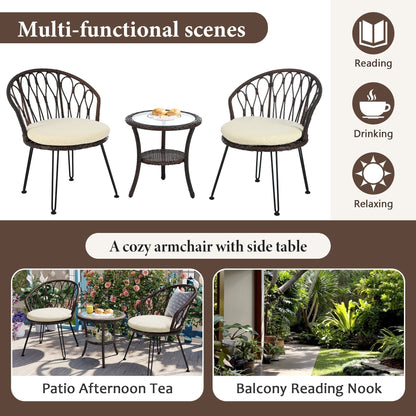 Ensemble de 3 chaises de jardin en rotin pour loisirs et conversation, avec 2 chaises et une table basse en verre