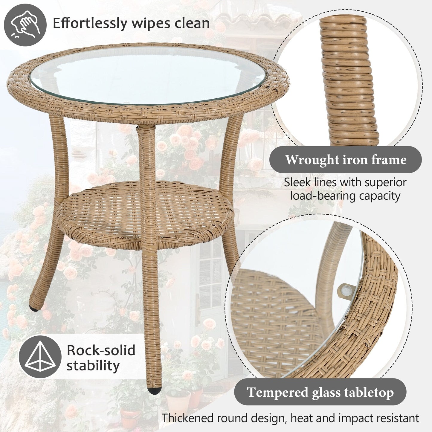 Ensemble de 3 chaises de jardin en rotin pour loisirs et conversation, avec 2 chaises et une table basse en verre