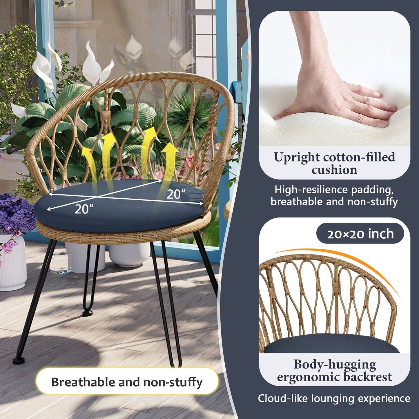 Ensemble de 3 chaises de jardin en rotin pour loisirs et conversation, avec 2 chaises et une table basse en verre