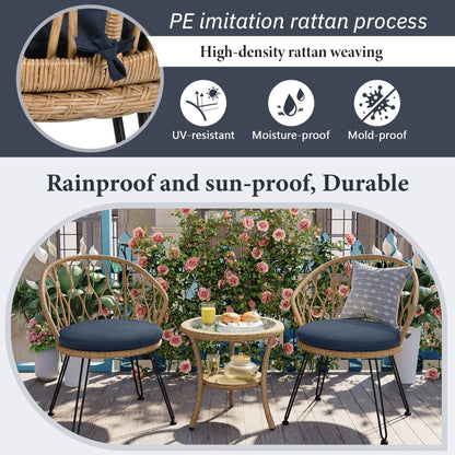 Ensemble de 3 chaises de jardin en rotin pour loisirs et conversation, avec 2 chaises et une table basse en verre