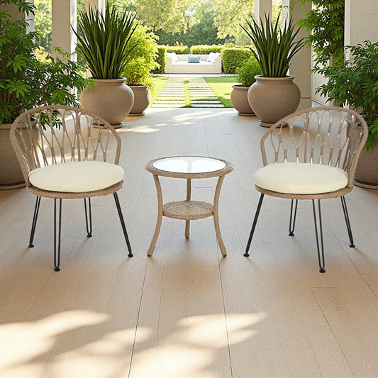 Ensemble de 3 chaises de jardin en rotin pour loisirs et conversation, avec 2 chaises et une table basse en verre