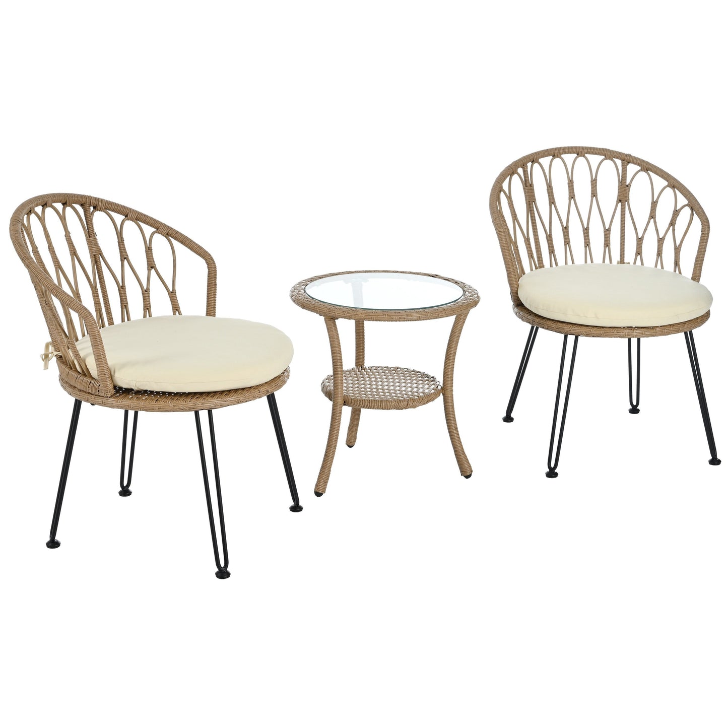 Ensemble de 3 chaises de jardin en rotin pour loisirs et conversation, avec 2 chaises et une table basse en verre