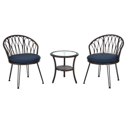 Ensemble de 3 chaises de jardin en rotin pour loisirs et conversation, avec 2 chaises et une table basse en verre