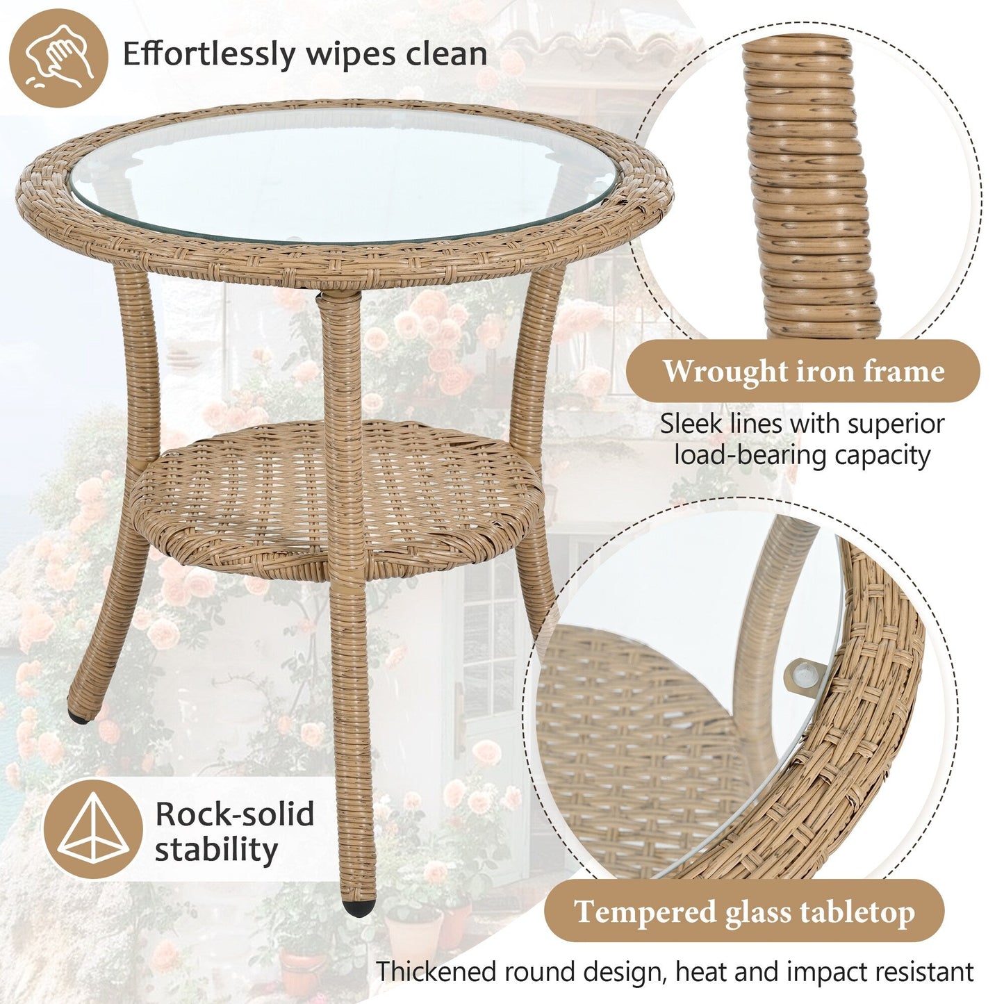 Ensemble de 3 chaises de jardin en rotin pour loisirs et conversation, avec 2 chaises et une table basse en verre