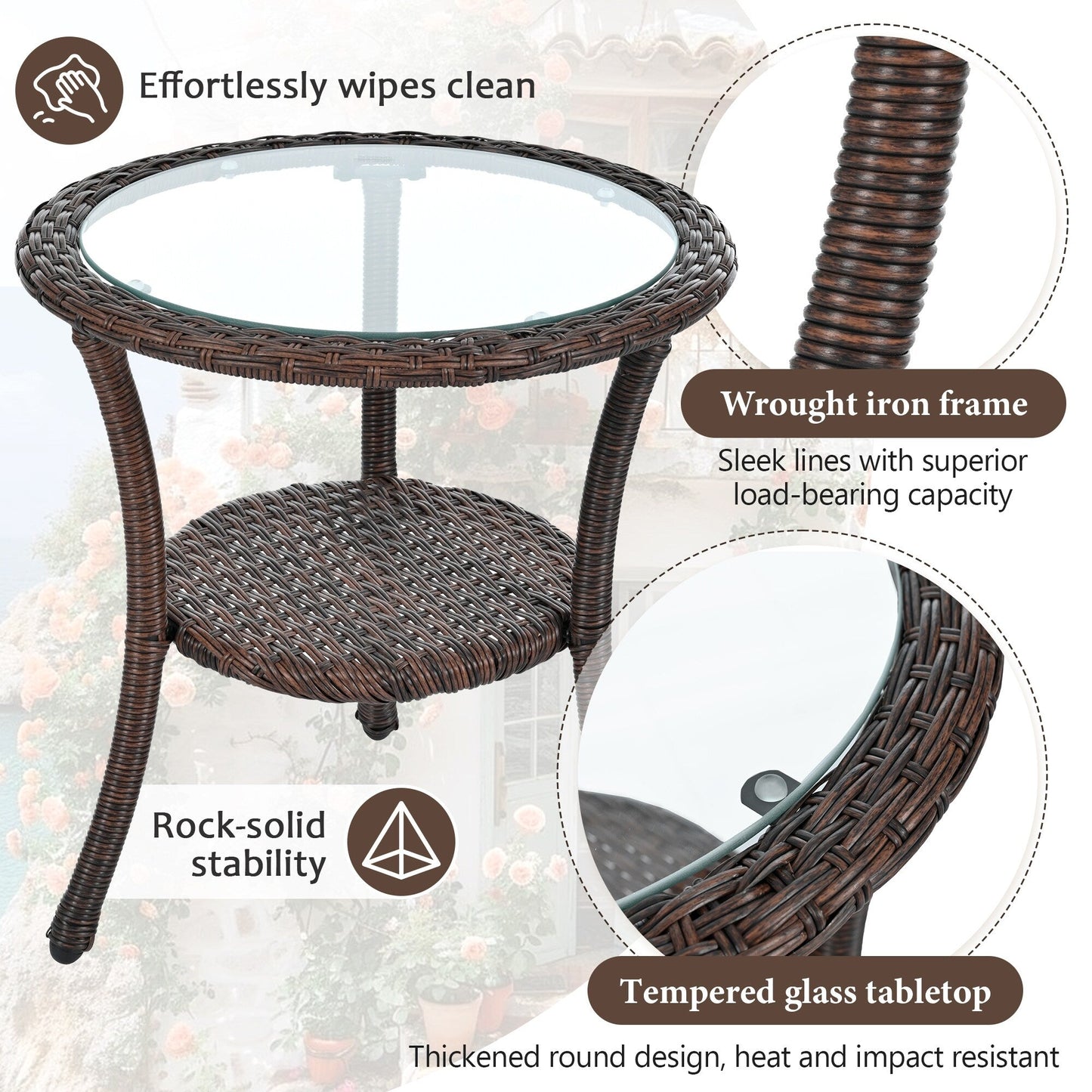 Ensemble de 3 chaises de jardin en rotin pour loisirs et conversation, avec 2 chaises et une table basse en verre