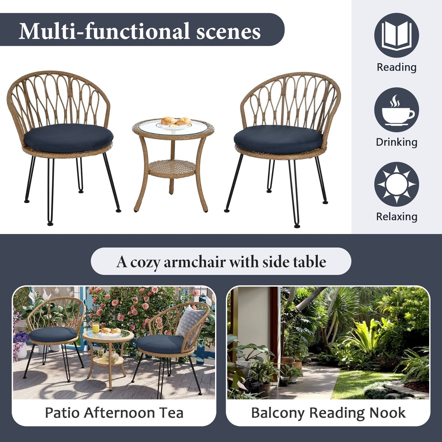 Ensemble de 3 chaises de jardin en rotin pour loisirs et conversation, avec 2 chaises et une table basse en verre