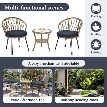 Ensemble de 3 chaises de jardin en rotin pour loisirs et conversation, avec 2 chaises et une table basse en verre