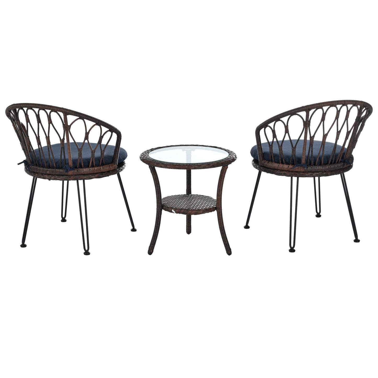 Ensemble de 3 chaises de jardin en rotin pour loisirs et conversation, avec 2 chaises et une table basse en verre