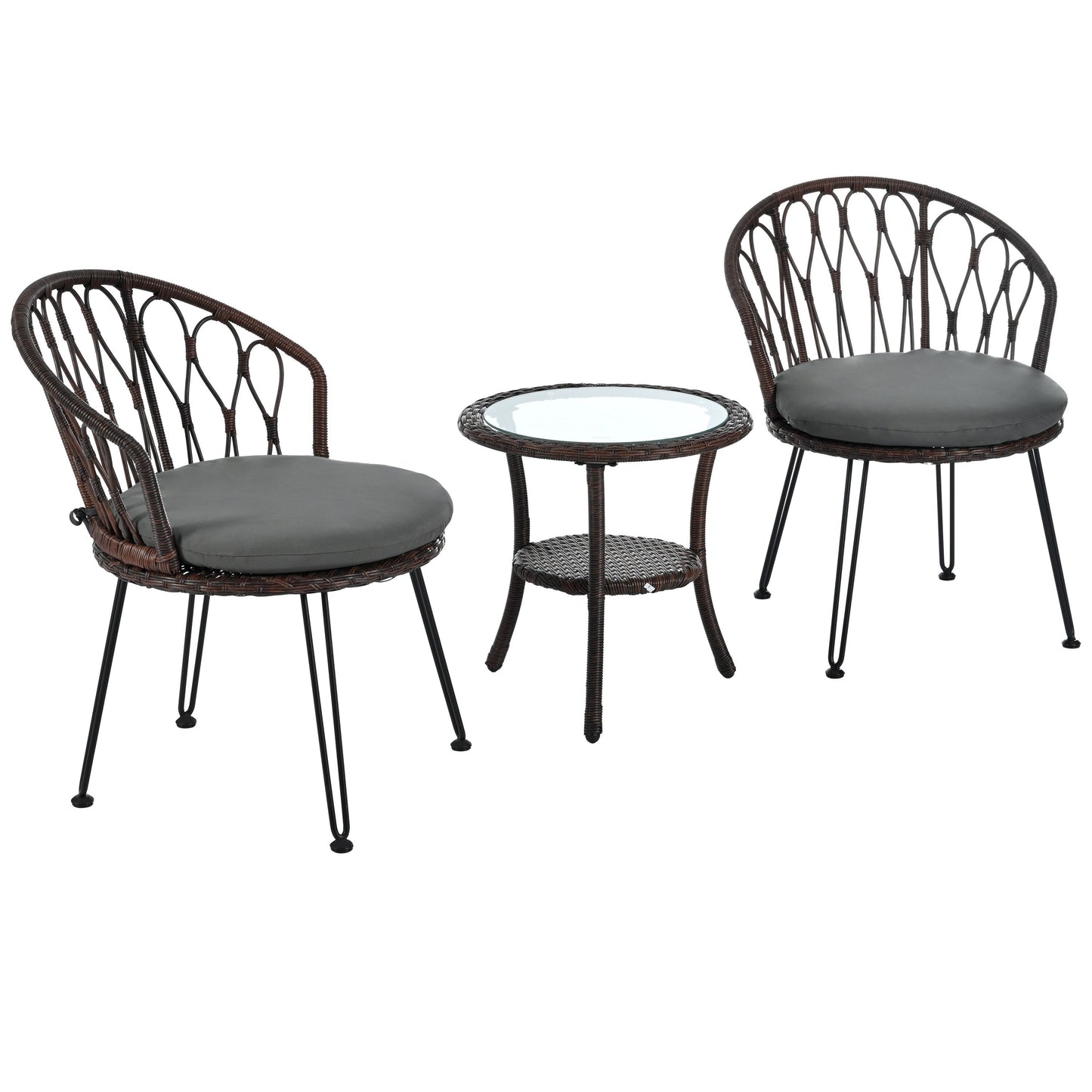 Ensemble de 3 chaises de jardin en rotin pour loisirs et conversation, avec 2 chaises et une table basse en verre