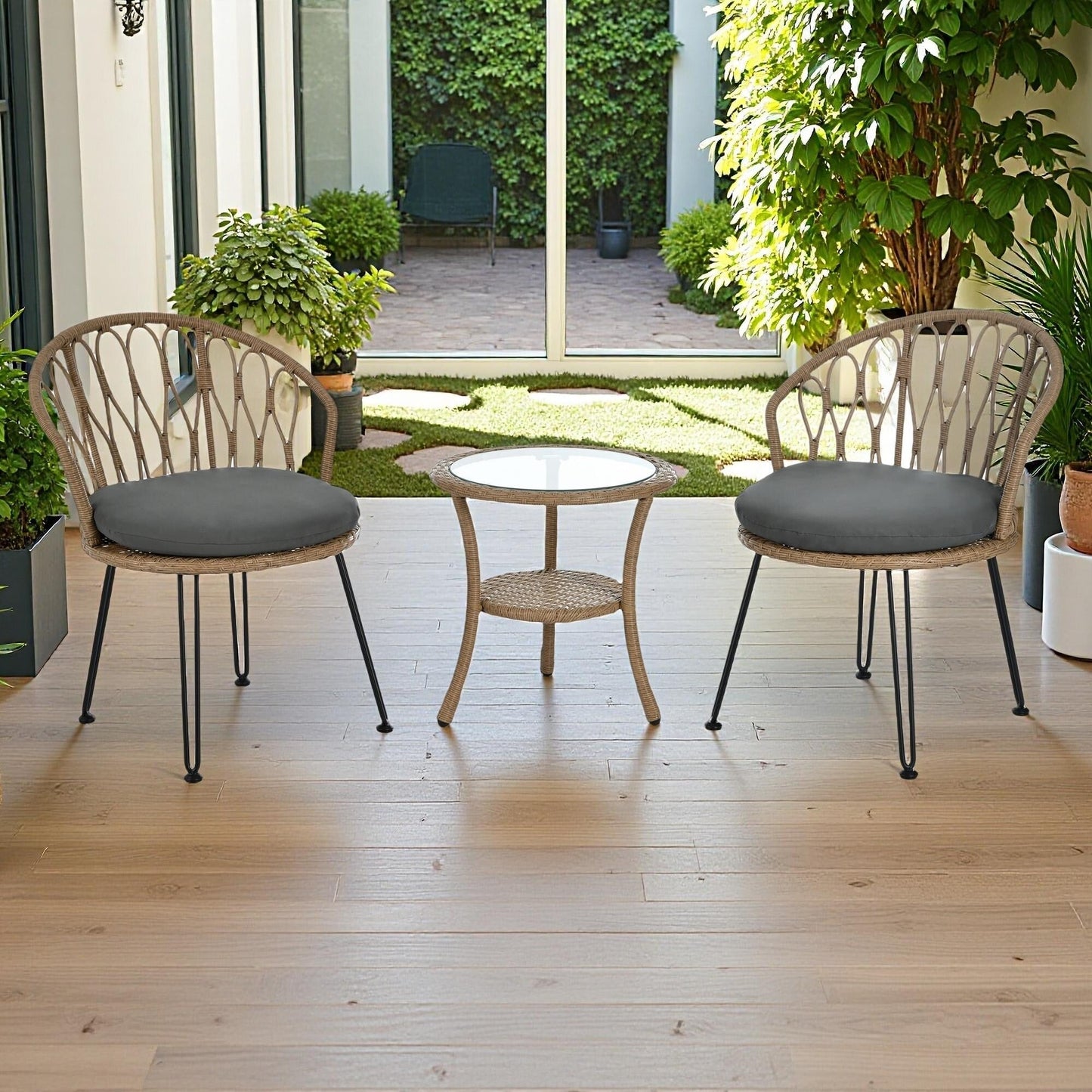 Ensemble de 3 chaises de jardin en rotin pour loisirs et conversation, avec 2 chaises et une table basse en verre