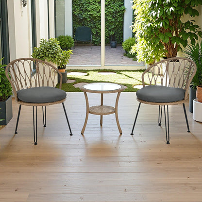 Ensemble de 3 chaises de jardin en rotin pour loisirs et conversation, avec 2 chaises et une table basse en verre