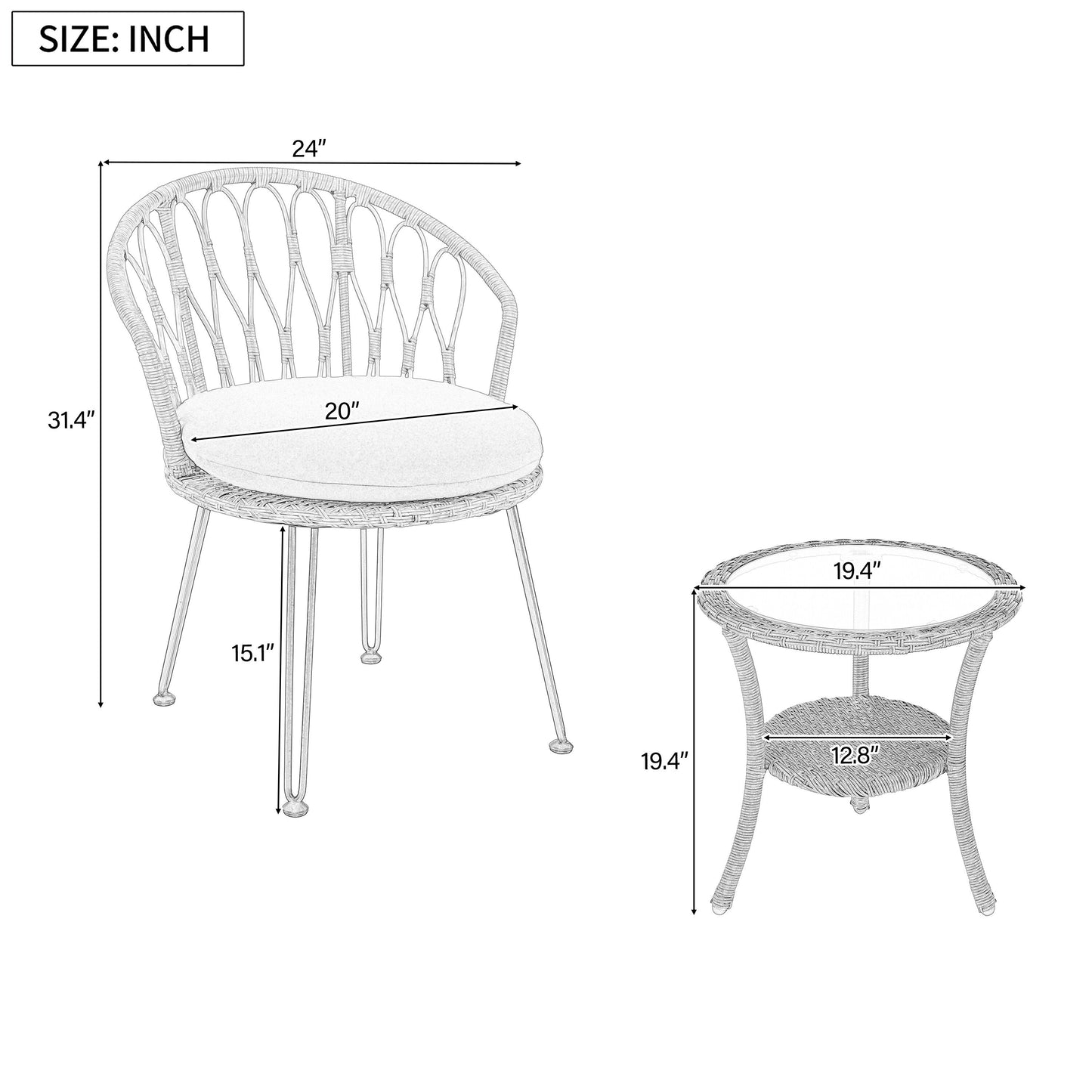 Ensemble de 3 chaises de jardin en rotin pour loisirs et conversation, avec 2 chaises et une table basse en verre