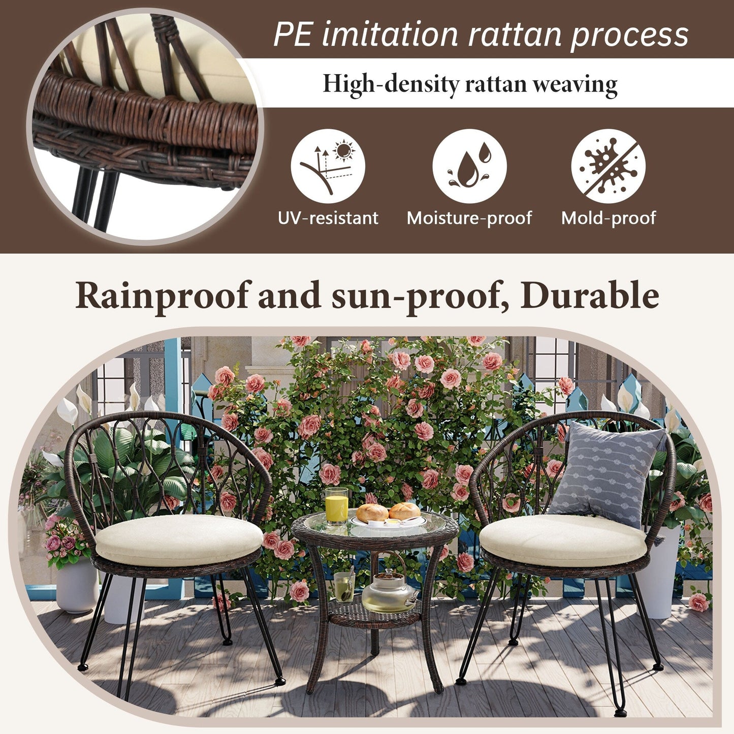 Ensemble de 3 chaises de jardin en rotin pour loisirs et conversation, avec 2 chaises et une table basse en verre