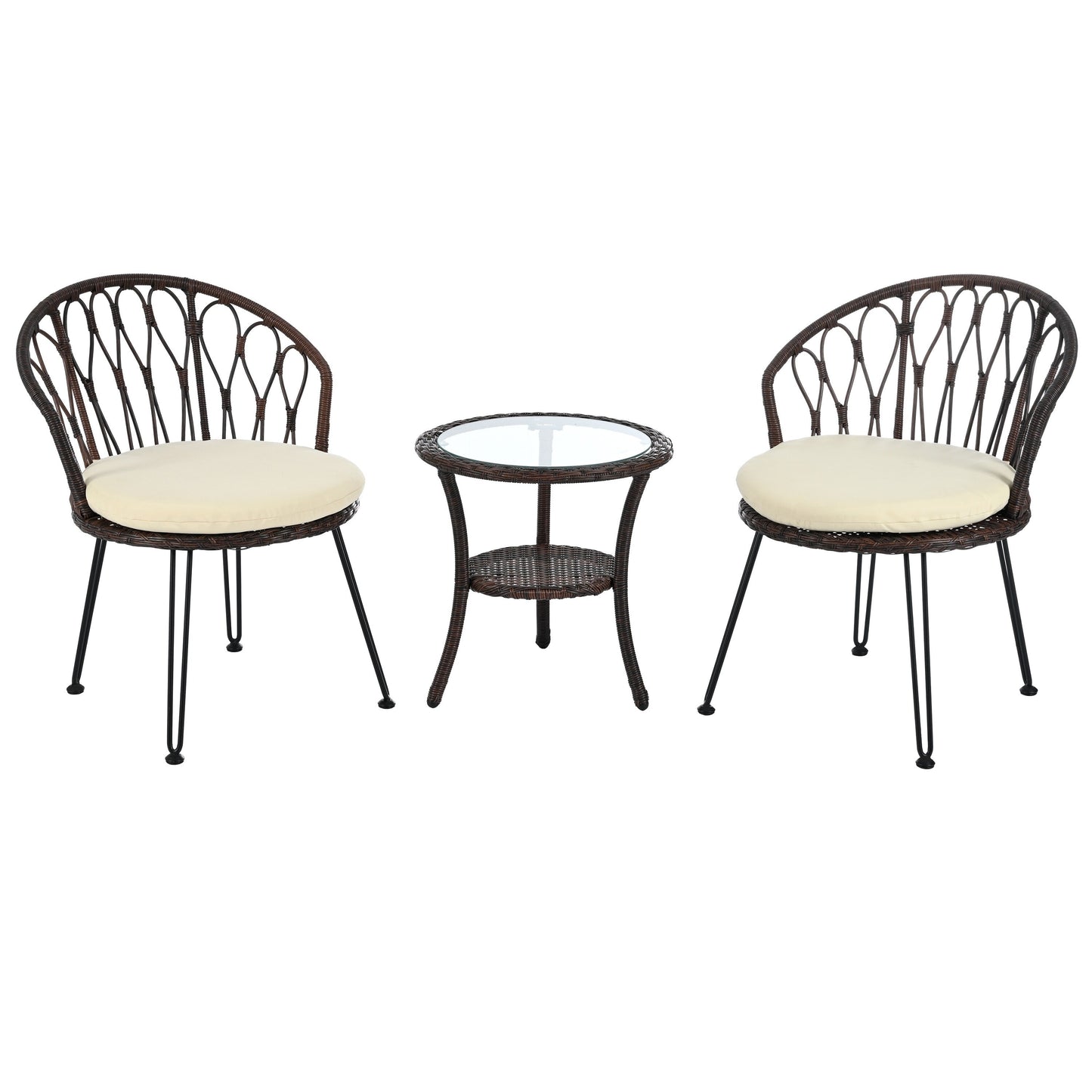 Ensemble de 3 chaises de jardin en rotin pour loisirs et conversation, avec 2 chaises et une table basse en verre