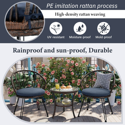 Ensemble de 3 chaises de jardin en rotin pour loisirs et conversation, avec 2 chaises et une table basse en verre
