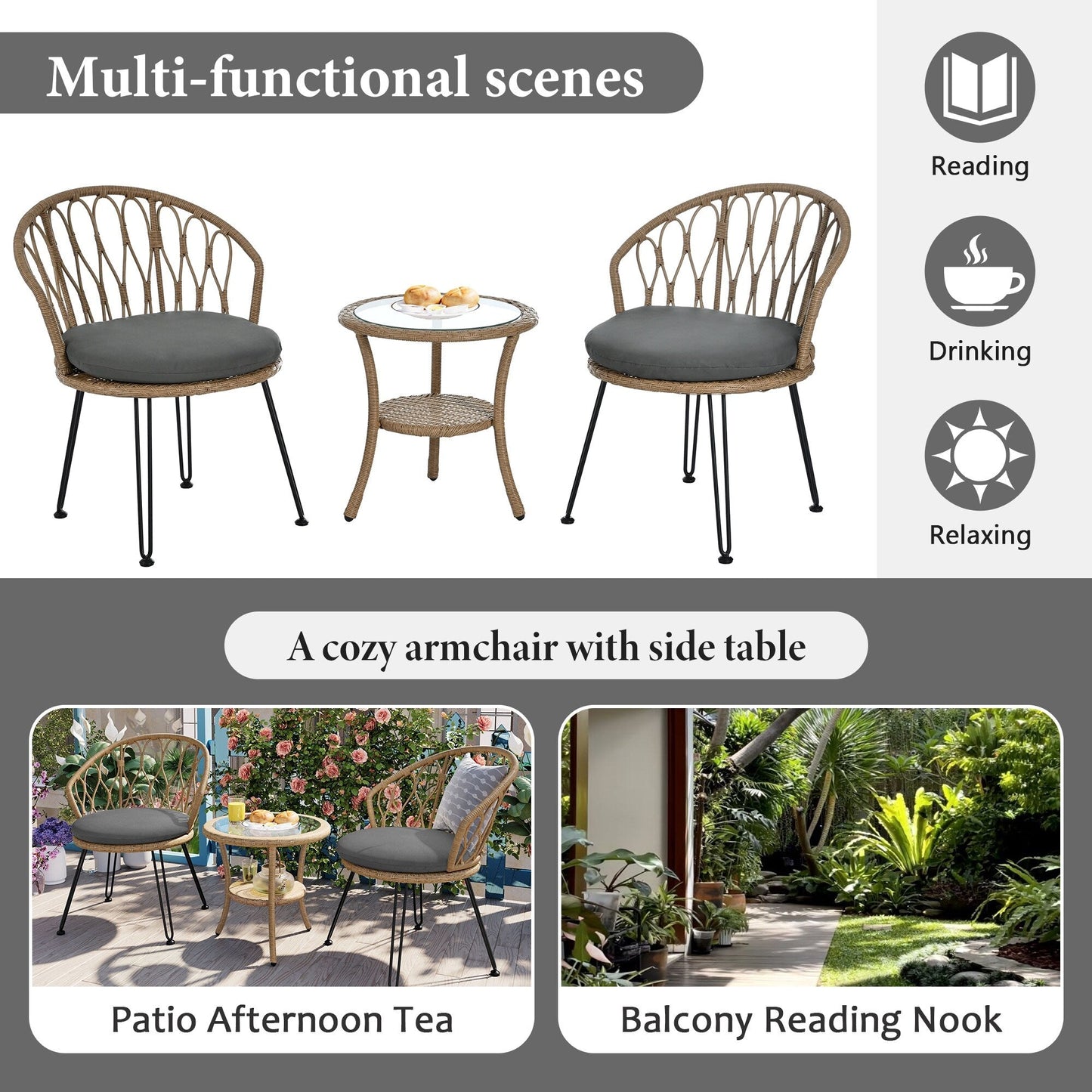Ensemble de 3 chaises de jardin en rotin pour loisirs et conversation, avec 2 chaises et une table basse en verre