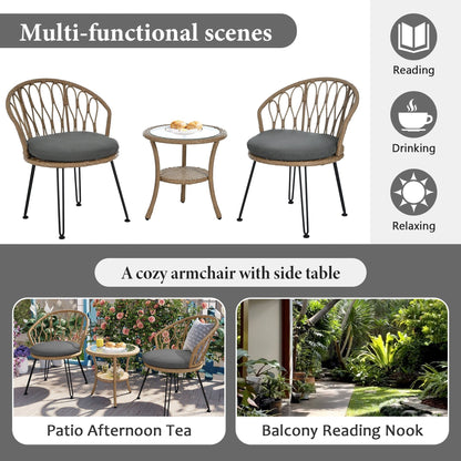 Ensemble de 3 chaises de jardin en rotin pour loisirs et conversation, avec 2 chaises et une table basse en verre