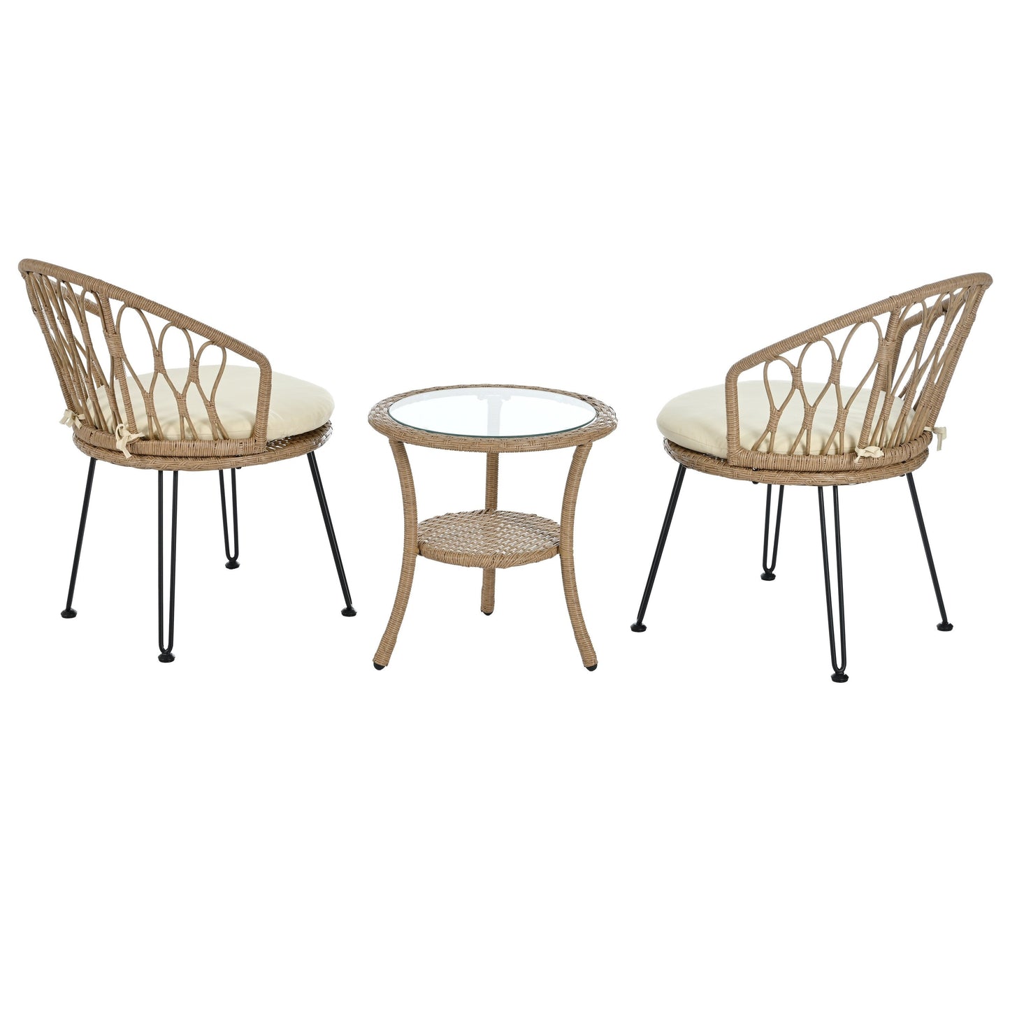Ensemble de 3 chaises de jardin en rotin pour loisirs et conversation, avec 2 chaises et une table basse en verre