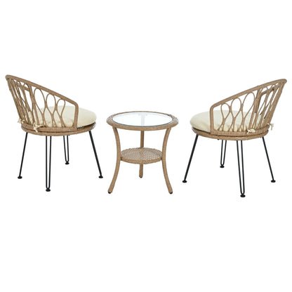 Ensemble de 3 chaises de jardin en rotin pour loisirs et conversation, avec 2 chaises et une table basse en verre