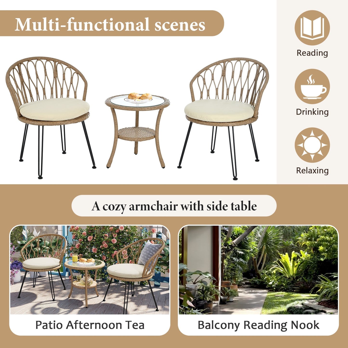 Ensemble de 3 chaises de jardin en rotin pour loisirs et conversation, avec 2 chaises et une table basse en verre