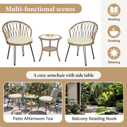 Ensemble de 3 chaises de jardin en rotin pour loisirs et conversation, avec 2 chaises et une table basse en verre