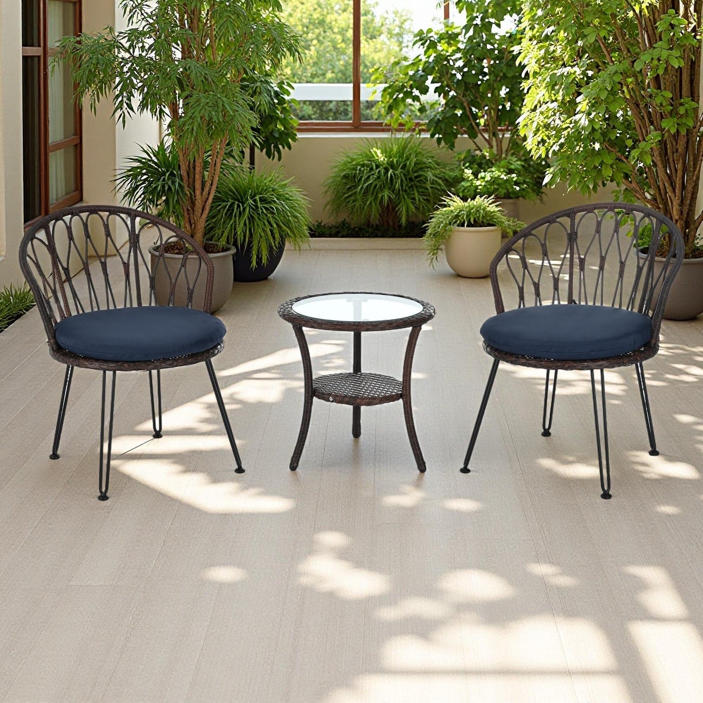 Ensemble de 3 chaises de jardin en rotin pour loisirs et conversation, avec 2 chaises et une table basse en verre