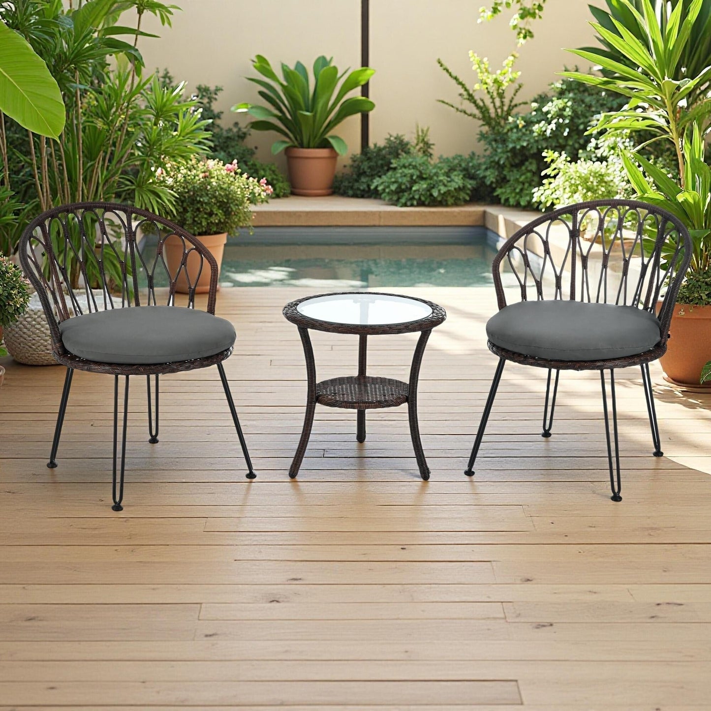 Ensemble de 3 chaises de jardin en rotin pour loisirs et conversation, avec 2 chaises et une table basse en verre