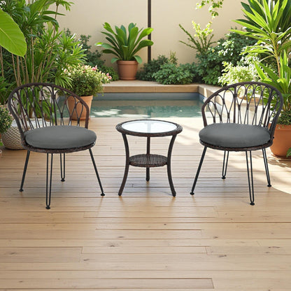 Ensemble de 3 chaises de jardin en rotin pour loisirs et conversation, avec 2 chaises et une table basse en verre