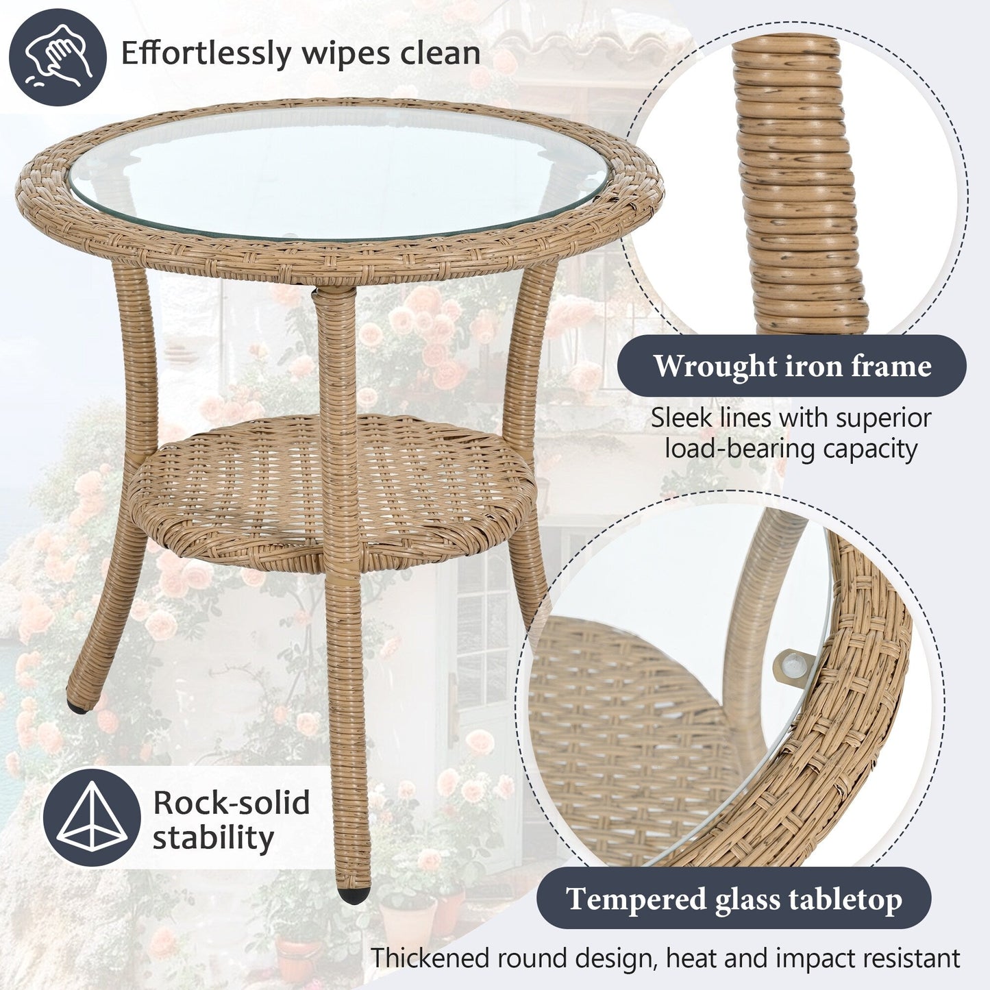 Ensemble de 3 chaises de jardin en rotin pour loisirs et conversation, avec 2 chaises et une table basse en verre