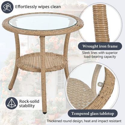 Ensemble de 3 chaises de jardin en rotin pour loisirs et conversation, avec 2 chaises et une table basse en verre