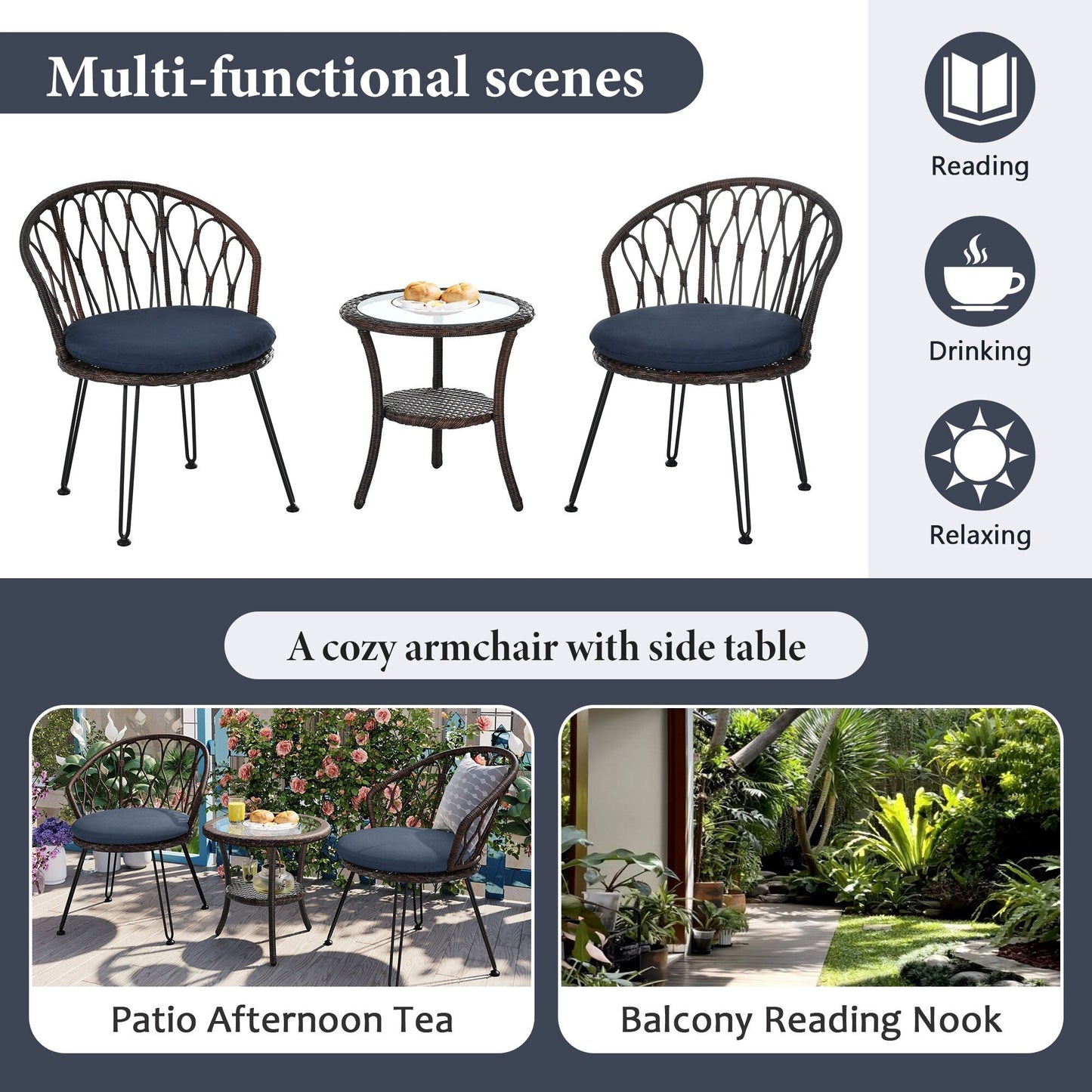 Ensemble de 3 chaises de jardin en rotin pour loisirs et conversation, avec 2 chaises et une table basse en verre