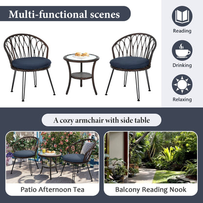 Ensemble de 3 chaises de jardin en rotin pour loisirs et conversation, avec 2 chaises et une table basse en verre
