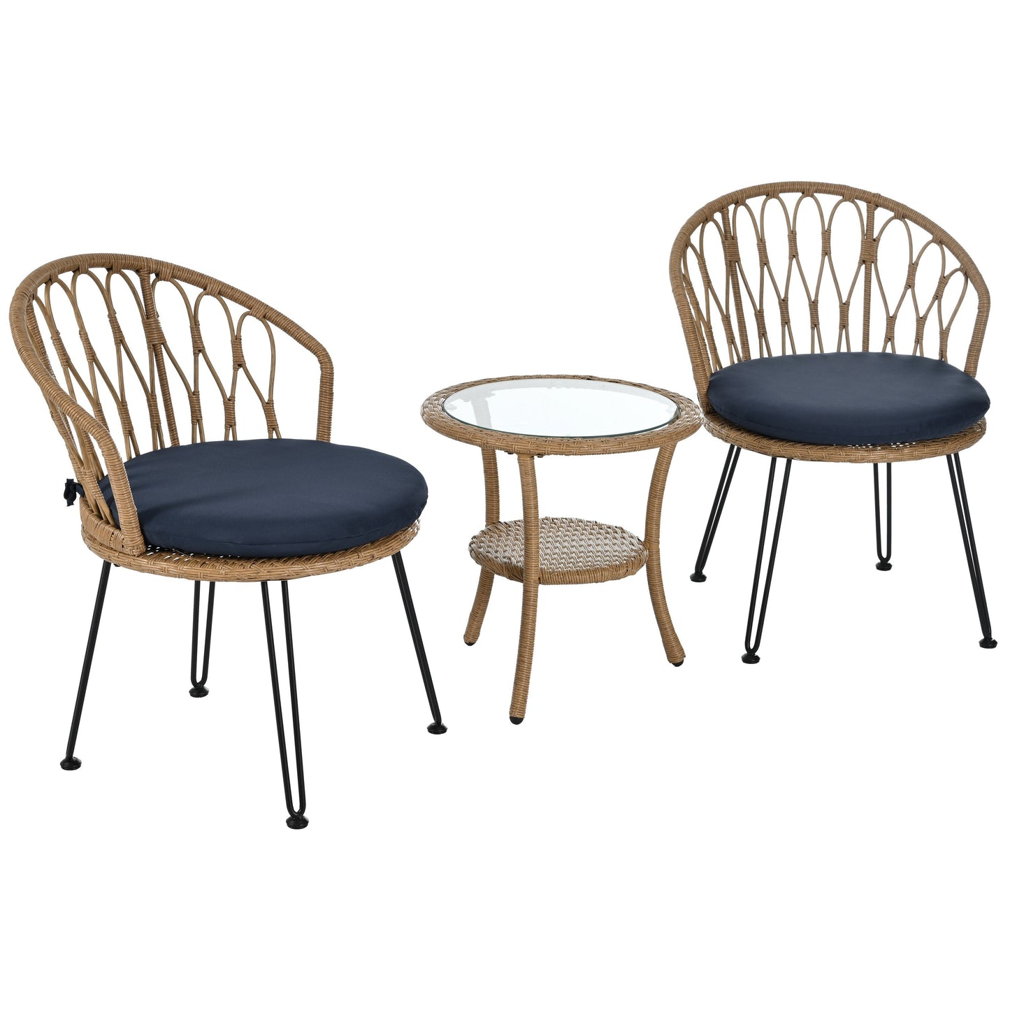 Ensemble de 3 chaises de jardin en rotin pour loisirs et conversation, avec 2 chaises et une table basse en verre