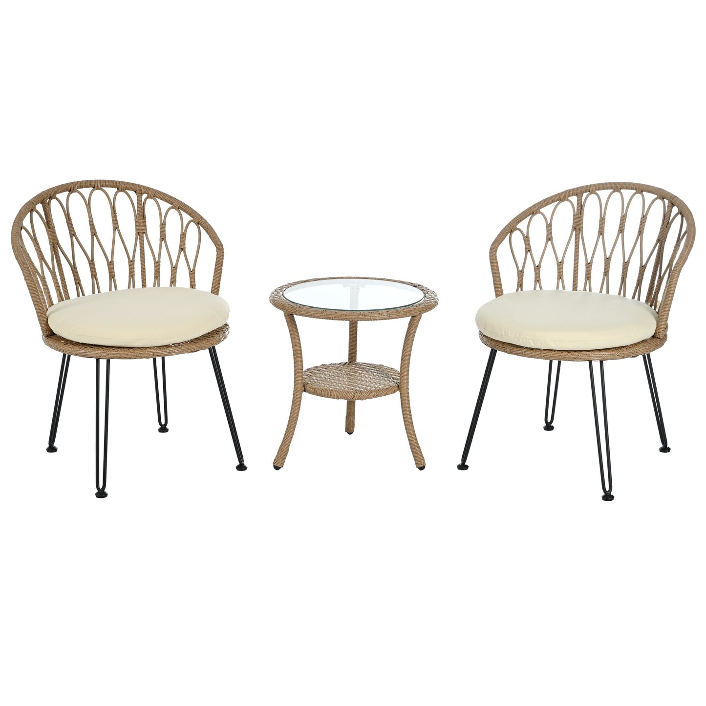 Ensemble de 3 chaises de jardin en rotin pour loisirs et conversation, avec 2 chaises et une table basse en verre