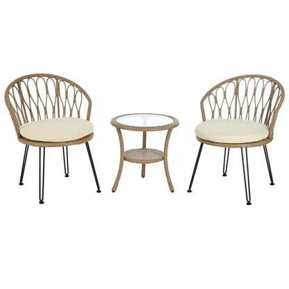 Ensemble de 3 chaises de jardin en rotin pour loisirs et conversation, avec 2 chaises et une table basse en verre